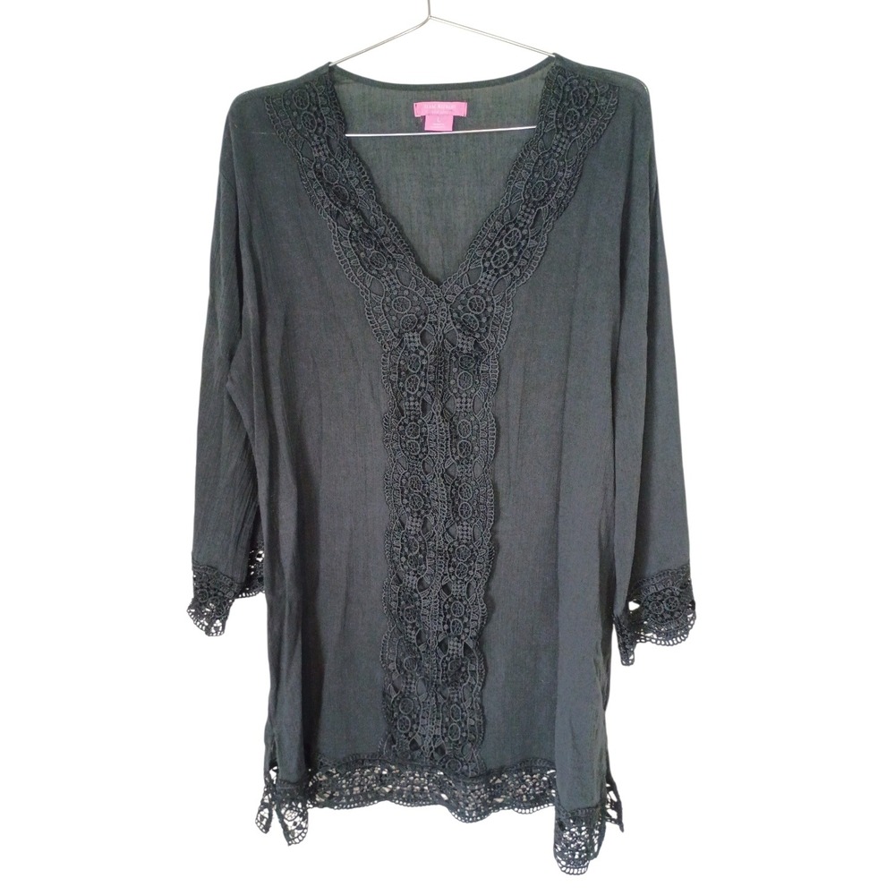 Isaac Mizrahi New York Womens Lace Trim Tunic Top Black V-Neck 3/4‎ Sleeve Large
